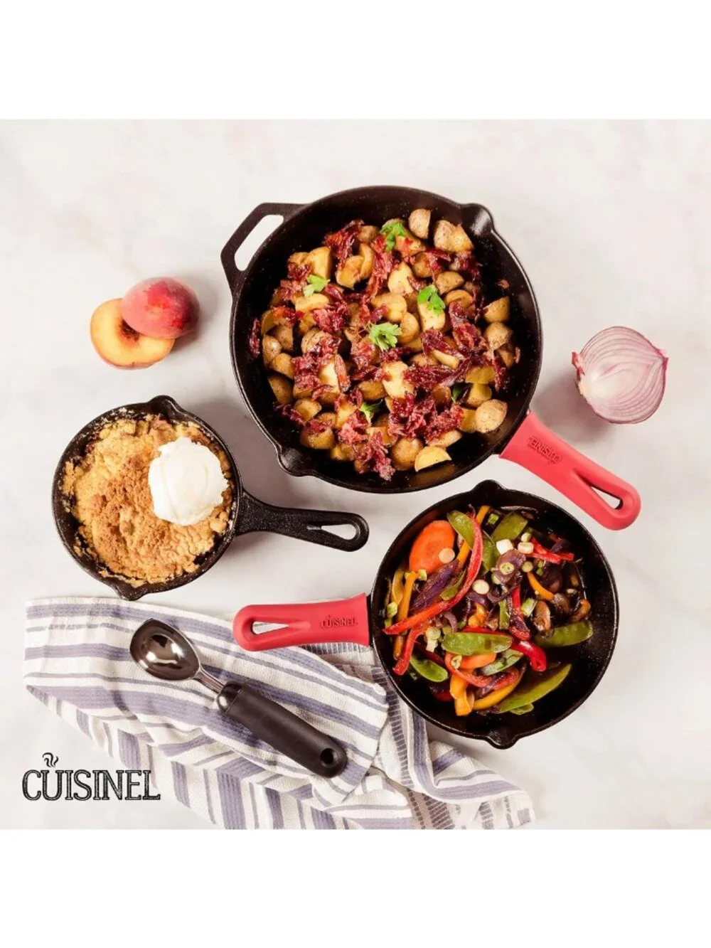 3-Piece Cast Iron Skillet Set - Pre-Seasoned Frying Pans + Silicone Handle